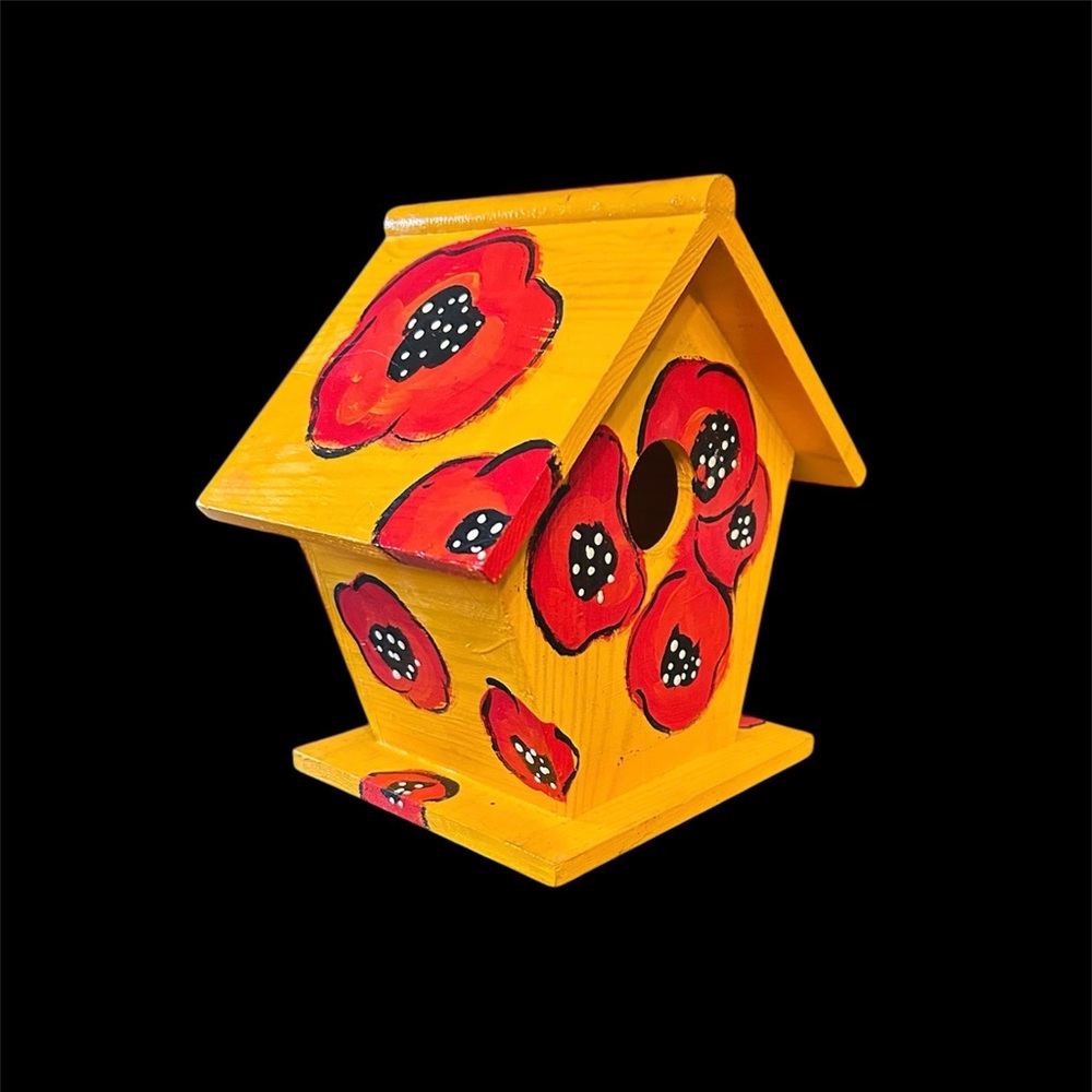 Hand-Painted Yellow Birdhouse with Red Flowers